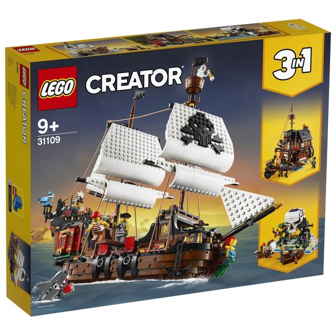 LEGO Creator 31109 Galeone dei Pirati, Set 3 in 1 con Nave Giocattolo, Locanda e Isola del Teschio, Minifigure e Squalo