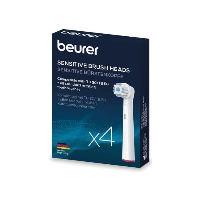 Beurer 10158 Clean - Kit 4 testine di ricambio Sensitive per spazzolini oscillanti-rotanti, compatibili con TB 30-TB 50, setole morbide per gengive sensibili, cappucci protettivi, anelli colorati, Bianco