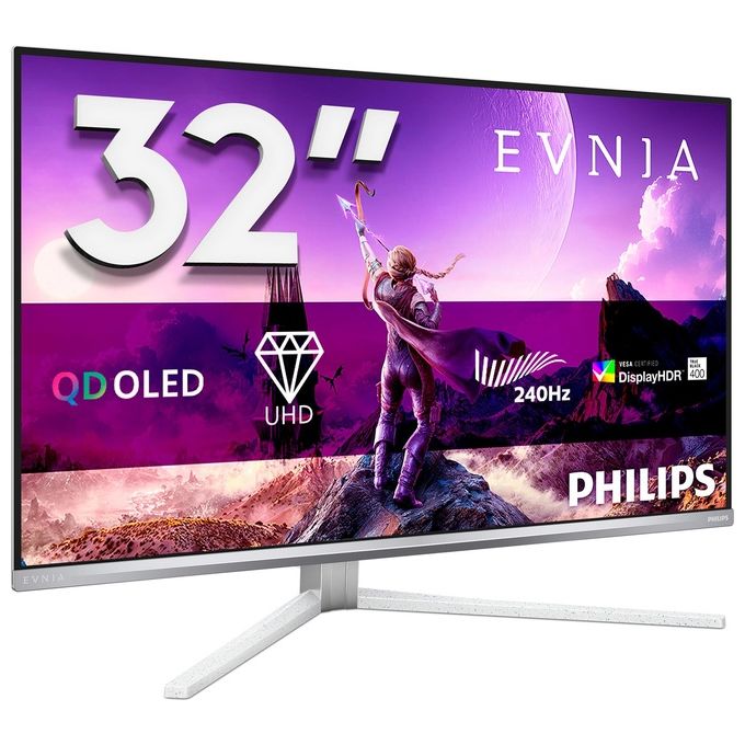 Philips Evnia 32M2N8900 Monitor da gioco OLED UHD da 32'' 240 Hz 003 ms HDR400 FreeSync Prem. Pro G-Sync comp. (3840x2160 2x HDMI 2.1 1x DP 1.4 1x USB-C (65 W PD) hub USB) bianco