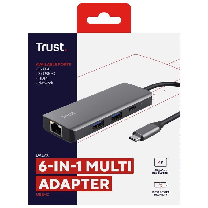 Trust Dalyx Adattatore Multiporta USB C 6-in-1 Argento