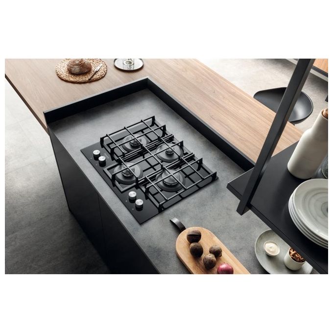 Hotpoint HAGS 61F-BK Piano Cottura a Gas in  Vetroceramica 4 Zone My Menu Flame Control 9 livelli di potenza Griglie in ghisa 60 cm Nero