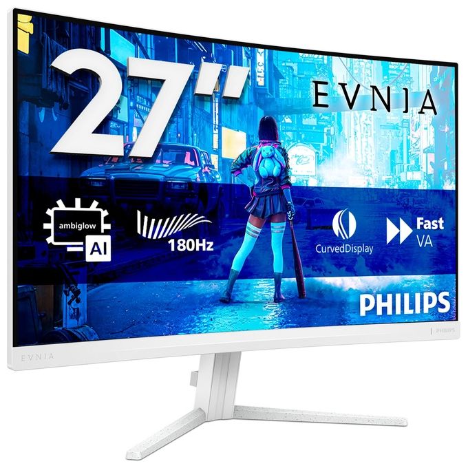 Philips Evnia 27M2C5201L Monitor gaming curvo FHD da 27 pollici 180 Hz 1 ms GtG FreeSync Prem. (1920x1080 2x HDMI 2.0 1x DP 1.4) bianco