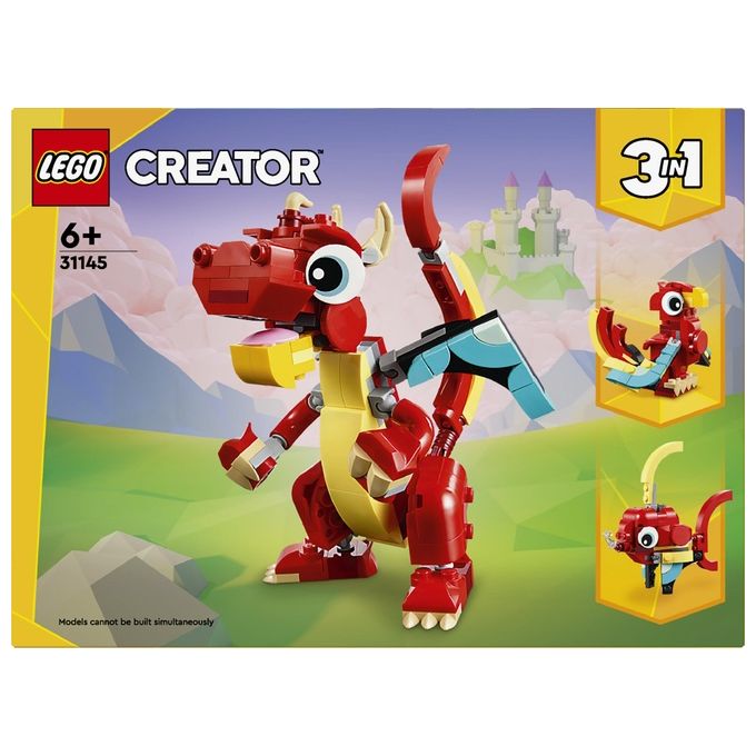 LEGO Creator 31145 3in1 Drago Rosso, Giochi per Bambini di 6+ Anni, Action Figure Ricostruibile in Pesce e Fenice Giocattolo