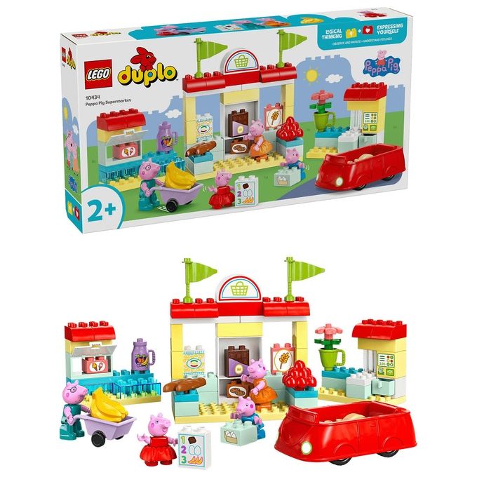 LEGO DUPLO Il Supermercato di Peppa Pig con 4 Personaggi, Set con Macchina Giocattolo e Negozio da Costruire in Mattoncini
