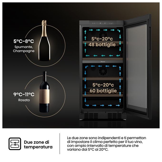 Hisense RW3N230GELF Cantinetta Vino 108 Bottiglie Classe F Temperatura 5 20 °C Ripiani in Legno colore Nero