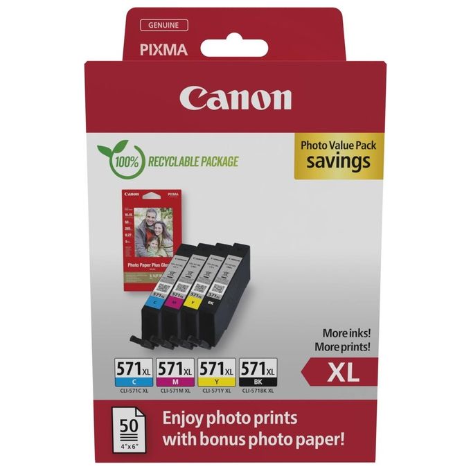 Canon 0332C006 Cartuccia d'Inchiostro 4 Pezzi Originale Resa Elevata XL Nero-Ciano-Magenta-Giallo