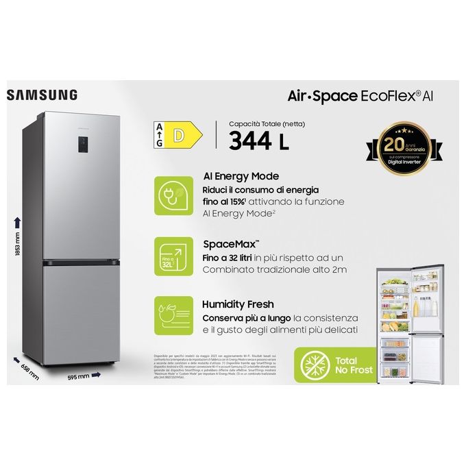 Samsung RB34C672DSA Frigorifero Combinato EcoFlex AI 344 Litri Classe D No Frost 185 cm All Around Cooling Silver Inox