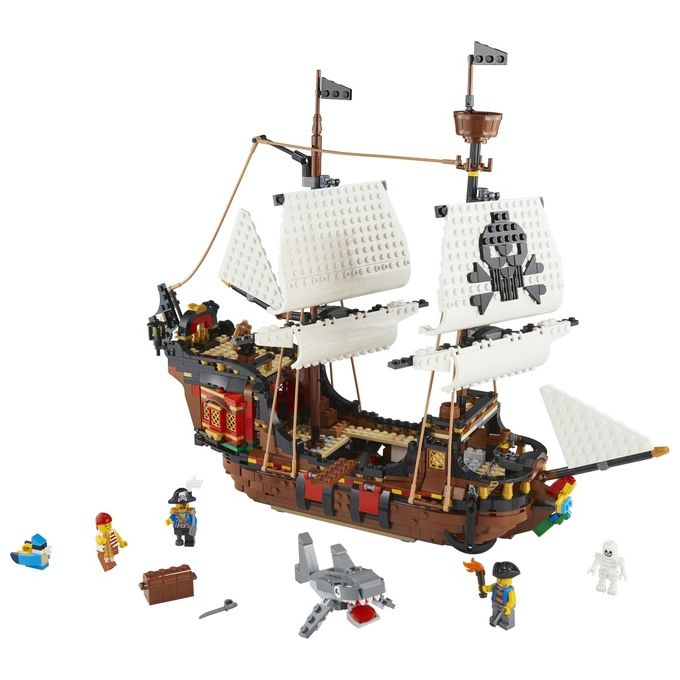LEGO Creator 31109 Galeone dei Pirati, Set 3 in 1 con Nave Giocattolo, Locanda e Isola del Teschio, Minifigure e Squalo