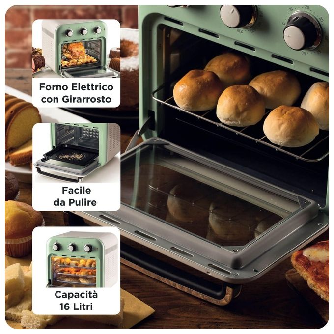 Ariete friggitrice ad aria e forno vintage 4632, 2in1, 16L, 1400W, temperatura 80-230°C, timer 60 min, verde