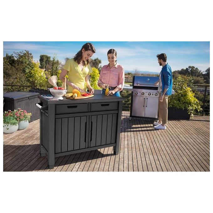 Keter 259432 Unity XL Tavolino da Esterno per BBQ con Cassetti anti-UV resina effetto legno colore Grafite