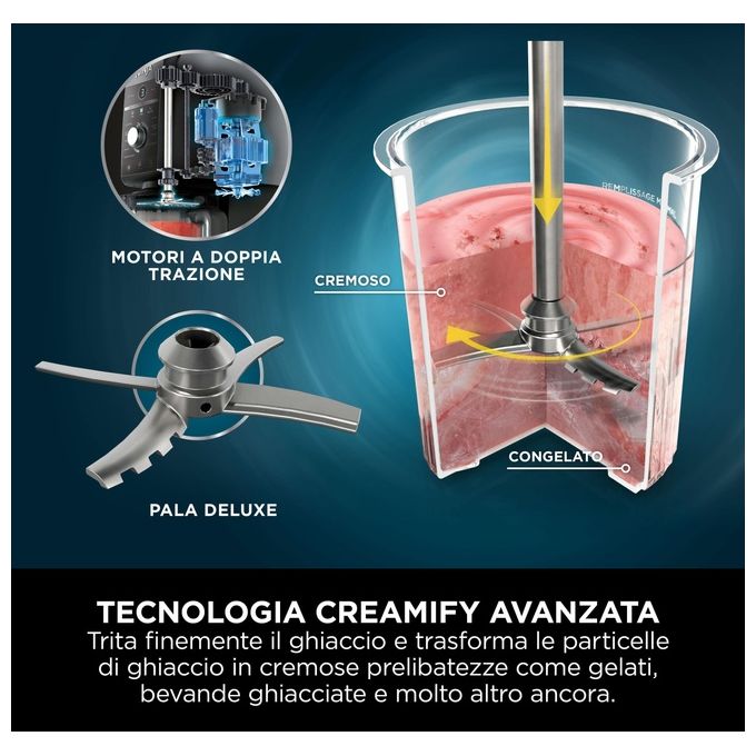 Ninja CREAMi Deluxe NC501EU - Gelatiera turbina elettrica con compressore, capacita' 2,1 L, potenza 800 W, 3 vaschette da 709 ml, 10 programmi (gelato, sorbetto, frappé…), funzione CREAMify, timer digitale, pezzi lavabili in lavastoviglie, Nero-Grigio