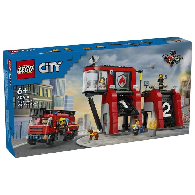 LEGO City 60414 Caserma dei Pompieri e Autopompa con Camion Giocattolo, 6 Minifigure, Cane e Accessori, Gioco per Bambini 6+