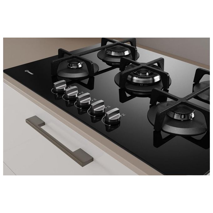 Indesit ING 72T-BK Linea Glass Piano Cottura a Gas 5 Zone 1 High Power Flame Griglie in Ghisa 73 cm Nero