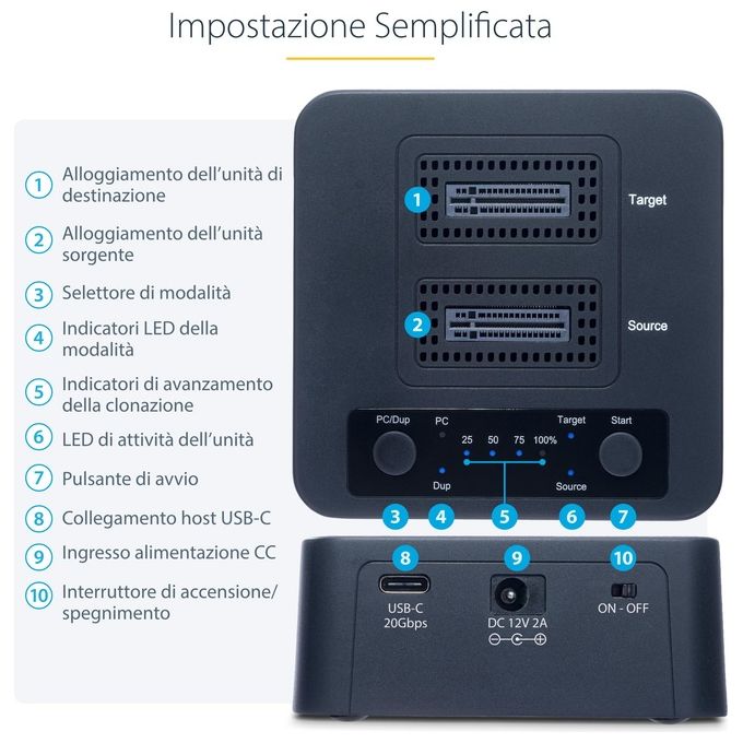 StarTech.com Duplicatore di Unita' M.2 Nvme 1:1 Cavi Usb-C-A Inclusi