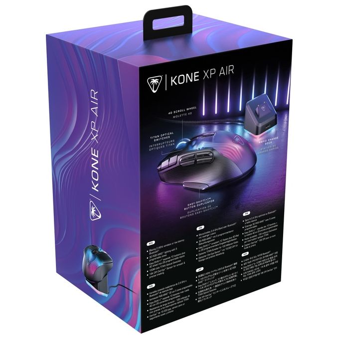 Turtle Beach Kone XP Air - Mouse da gioco wireless RGB ergonomico personalizzabile sensore ottico a 19K DPI 100 ore di batteria e base di ricarica - Nero