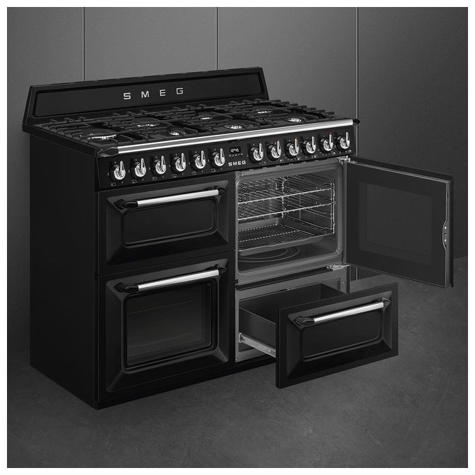 Smeg TR4110BL1 Cucina a Gas con Forno Elettrico Multifunzione Termoventilato + Ventilato Estetica Victoria 7 Fuochi Griglie in Ghisa Classe energetica A Vapor Clean 110x60 cm Nero