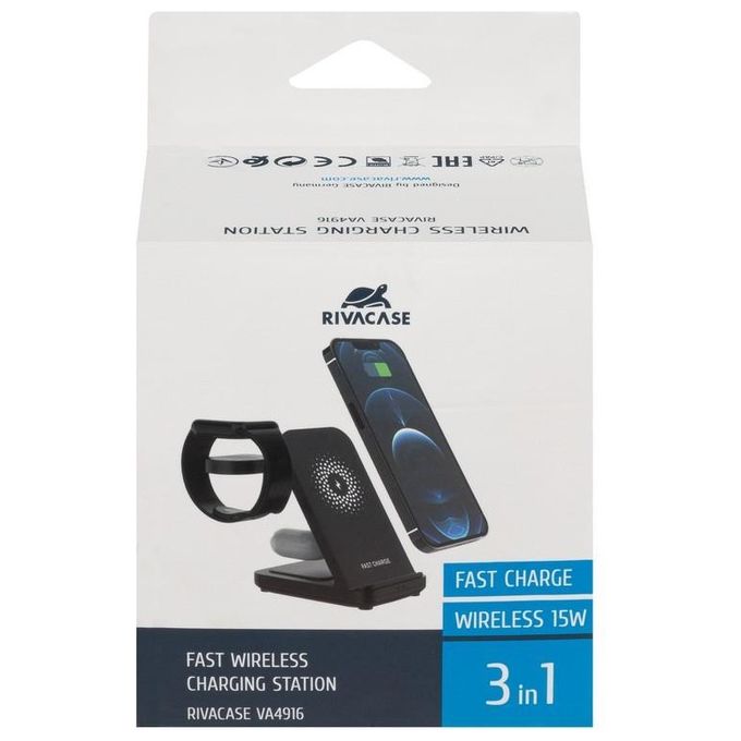 Rivacase VA4916 WH3 Caricatore Wireless 3 in 1 Ricarica 3 Dispositivi Contemporaneamente Certificato Qi 15W Nero