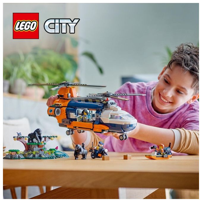 LEGO City Elicottero dell'Esploratore nella Giungla Modellino di Veicolo Giocattolo da Costruire con Doppi Rotori Giochi per Bambini da 8 Anni con Campo Base 3 Animali Gorilla e 5 Minifigure 60437