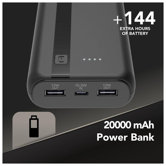 Cellular Line Power Bank 20000 mAh Input USB-C 10.5W Output 2xUSB 12W Li-ion LED luminosi indicano carica residua Nero