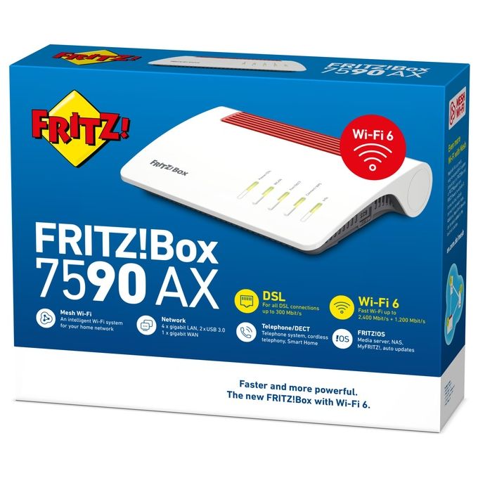 Fritz! Box 7590 AX Router Wi-Fi 6 Dual-band 2400 Mbit-s 4 Porte Gigabit Bianco