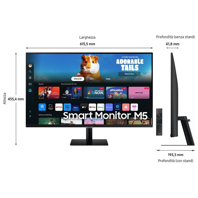 Samsung Smart Monitor M5  S27DM500 Nero - 27'' Display VA, FHD (1920 x 1080), 60Hz, 4ms, Inclinabile, 2 x HDMI (1.4), 2 x USB-A, Smart TV, Gaming Hub