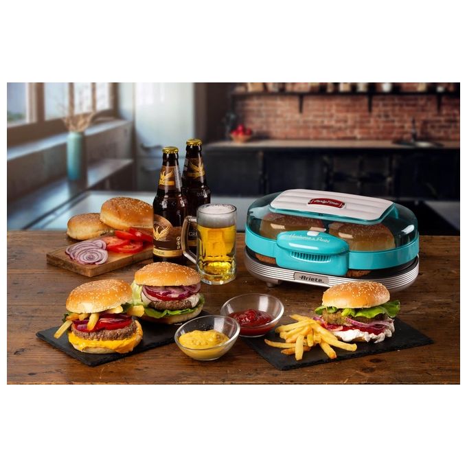 Ariete 205 Hamburger Maker Party Time Macchina per Fare Hamburger 1200W Doppie Piastre Antiaderenti 2 Scomparti Azzurro