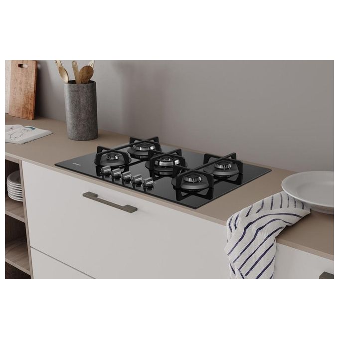 Indesit ING 72T-BK Linea Glass Piano Cottura a Gas 5 Zone 1 High Power Flame Griglie in Ghisa 73 cm Nero