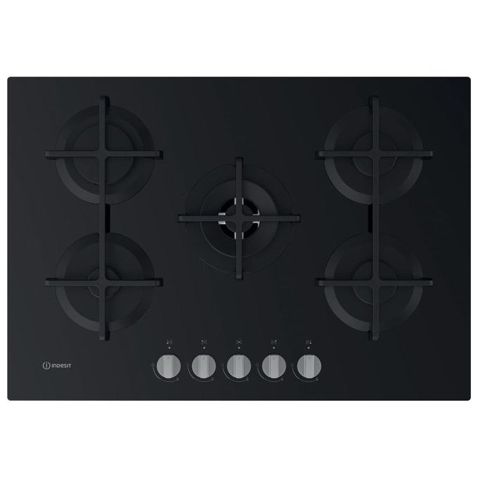 Indesit ING 72T-BK Linea Glass Piano Cottura a Gas 5 Zone 1 High Power Flame Griglie in Ghisa 73 cm Nero