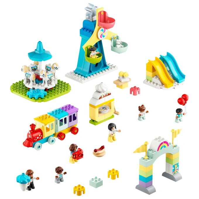 LEGO 10956 DUPLO Town Parco dei Divertimenti con Scivoli Giostra Ruota Panoramamica Treno e 7 Minifigure colore Multicolore