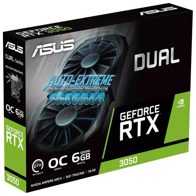 ASUS DUAL NVIDIA GeForce RTX 3050 OC Edition Scheda Video 6 GB GDDR6, Multiprocessore Streaming NVIDIA Ampere, Resistenza alla Polvere IP5X, Auto-Extreme, GPU Tweak III, Nero, DUAL-RTX3050-O6G