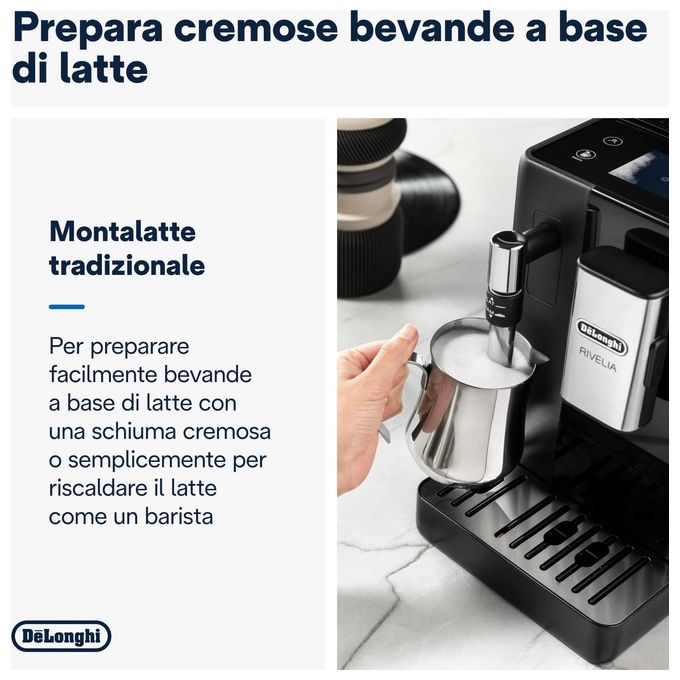 DeLonghi Rivelia Perfetto Macchina da Caffe' Automatica Chicchi Macinati al Momento Portachicchi Intercambiabile Montalatte Classico Display Touch a Colori Nero Onice