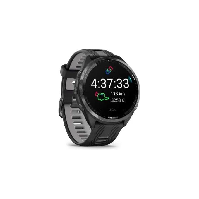 Garmin Forerunner 965 1.4'' Amoled GPS Sport Salute Notifiche Lunetta in titanio DLC grigio carbonio con cassa nera e cinturino in silicone nero-grigio polvere