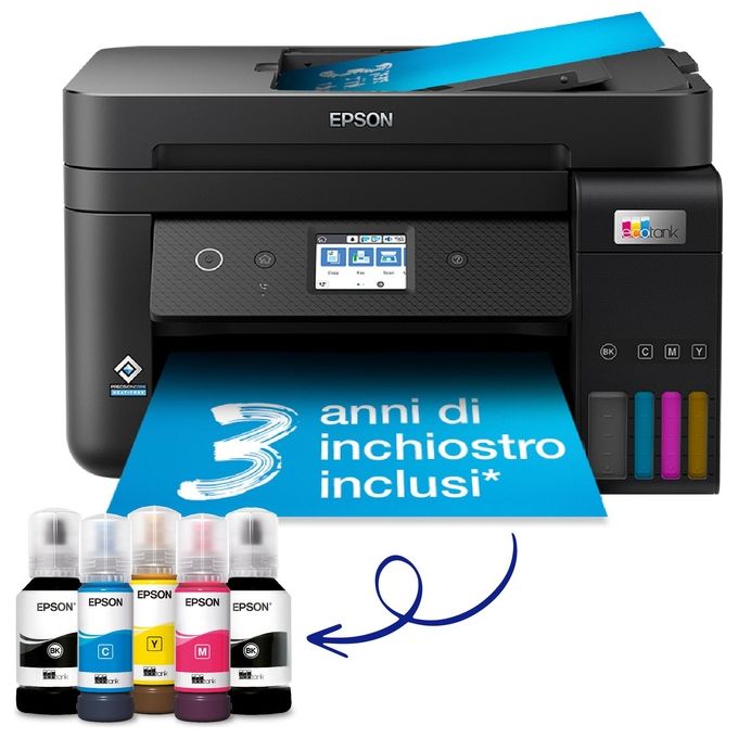 [ComeNuovo] Epson EcoTank ET-4800 stampante A4 (stampa, copia, scansione, fax) ADF, display LCD 3.7cm, USB, Wi-Fi, Wi-Fi Direct, Ethernet, Epson Smart Panel, AirPrint, serbatoi flaconi alta capacita', Nero