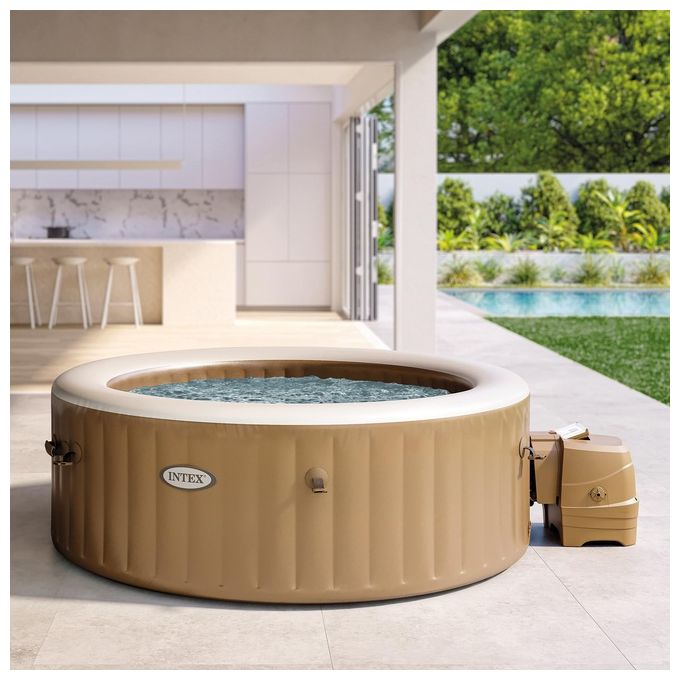Intex 28476EX PureSpa Vasca Idromassaggio Gonfiabile Bubble Massage con Telo Efficienza Energetica 4 posti 120 Getti Riscaldatore PVC Beige 196x71 cm Con Telo ad Efficienza Energetica 4 posti Beige
