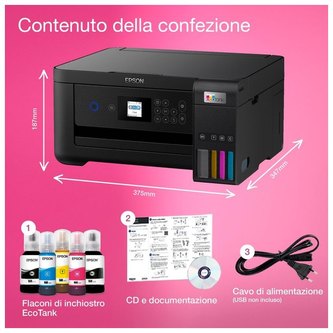 Epson EcoTank ET-2850, Stampante Multifunzione Inkjet A4, Serbatoi Ricaricabili, Wi-Fi
