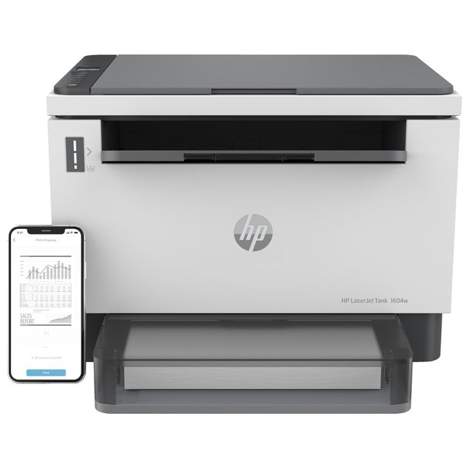 Laser Tank 1604w 381L0A, Stampante Multifunzione con Serbatoio Toner integrato a Ricarica Rapida, Stampa Fronte e Retro Manuale in bianco e nero, 22 ppm, Scansione A4, Wi-Fi, USB, HP Smart, Bianca
