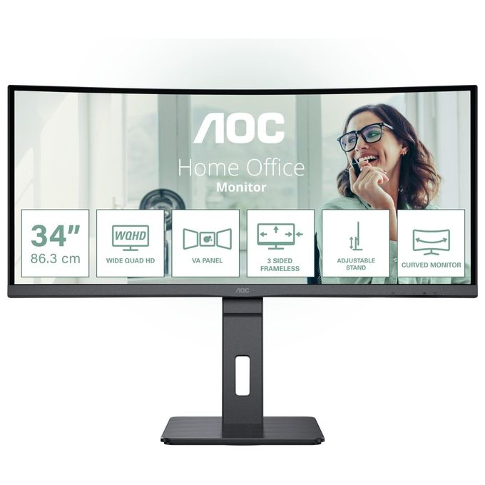 AOC CU34P3CV - Monitor curvo WQHD da 34 pollici, regolabile in altezza, altoparlante (3440x1440, 100 Hz, HDMI, DisplayPort, USB-C (65W PD), RJ45, hub USB) nero
