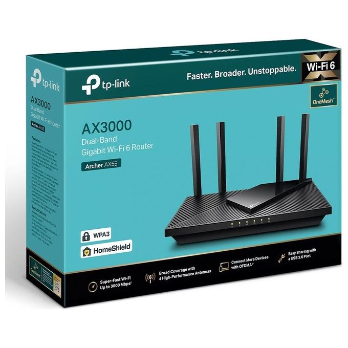 TP-Link Archer AX55 Router WiFi 6 Dual-Band AX3000Mbps Router F (FTTH - FTTB - Ethernet) fino a 1Gbps Tecnologia Beamforming TP-Link HomeShield OneMesh Tether App Compatibile con Alexa