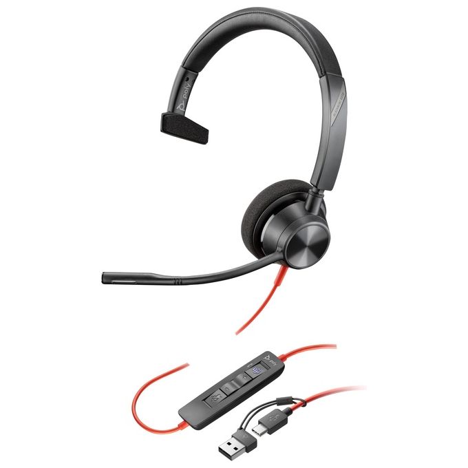 Poly S55255088 Blackwire 3310 Cuffie Monaurali USB-C con Adattatore USB-A Certificata per Microsoft Teams colore Nero
