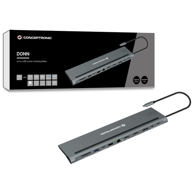 Conceptronic DONN17G Replicatore di Porte e Docking Station per Notebook Cablato USB 3.2 Gen 1 Type-C Grigio