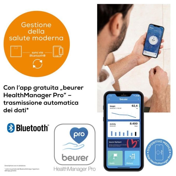 Beurer BF 915 BT Sig. Line Bilancia diagnostica in vetro connettibile - Design Signatureline - Display XL retroilluminato - grigio chiaro - 8 utenti in memoria
