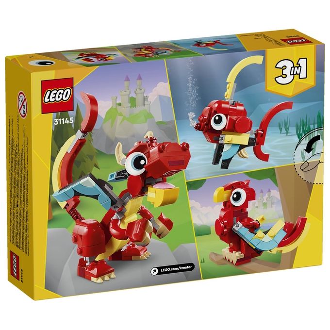 LEGO Creator 31145 3in1 Drago Rosso, Giochi per Bambini di 6+ Anni, Action Figure Ricostruibile in Pesce e Fenice Giocattolo