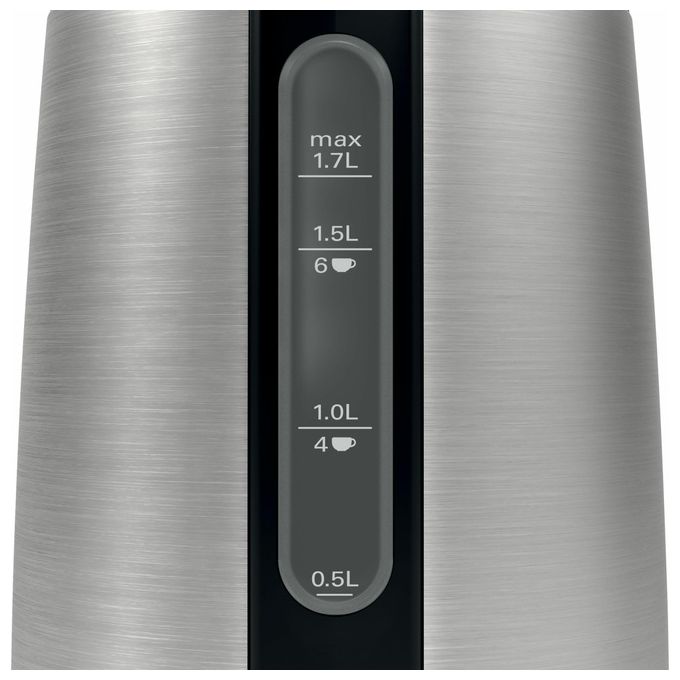 Bosch TWK3P420 – Bollitore elettrico 1,7 L, potenza 2400 W, corpo in acciaio inox e plastica, sistema di sicurezza con spegnimento automatico, apertura facilitata, colore Nero-Acciaio Inox