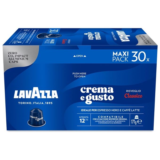 Lavazza Crema e Gusto Classico - Capsule compatibili Nespresso, miscela di Arabica e Robusta intensita' 12-13, gusto pieno con note di cioccolato, confezione da 30 capsule in alluminio monodose, confezionate in atmosfera protettiva, capsule riciclabili, c