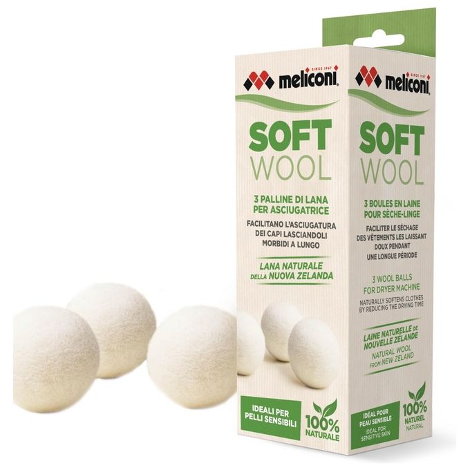 Meliconi Soft Wool - Set di 3 palline per asciugatrice in 100% lana neozelandese, diametro 7 cm, riducono i tempi di asciugatura e ammorbidiscono i tessuti, Bianco