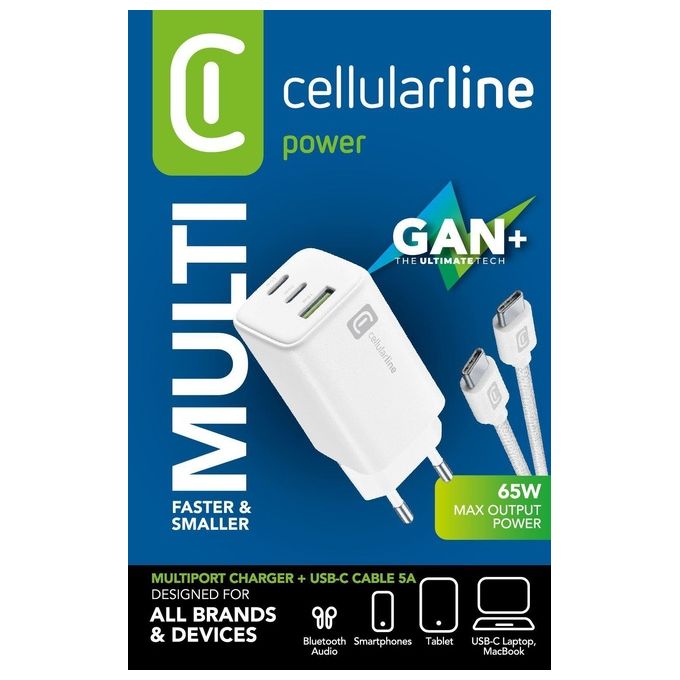 Cellular Line Caricabatterie Multipower 65W GaN Bianco