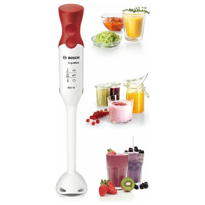 Bosch MSM64010 ErgoMixx – Frullatore a immersione 450 W, 2 velocita' (normale + Turbo), bicchiere graduato incluso, lama QuattroBlade in acciaio inox, colore bianco e rosso