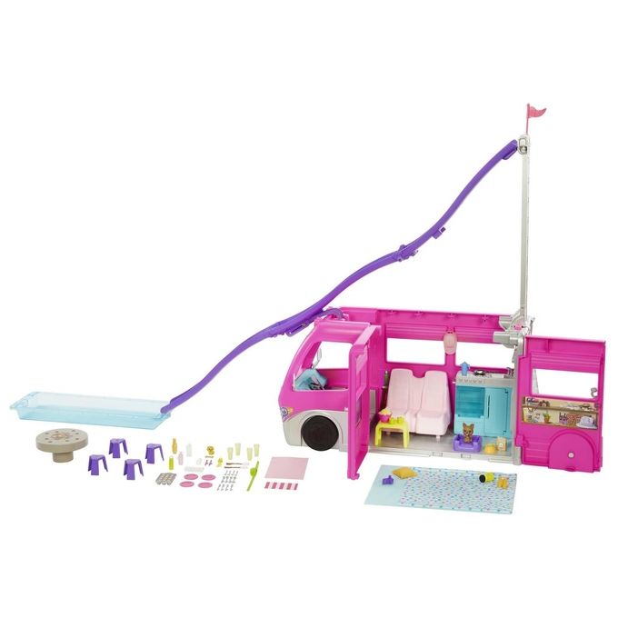 Barbie Camper dei Sogni - Veicolo con Scivolo e Piscina 2 Cuccioli 7 Aree Gioco Alto 76 cm