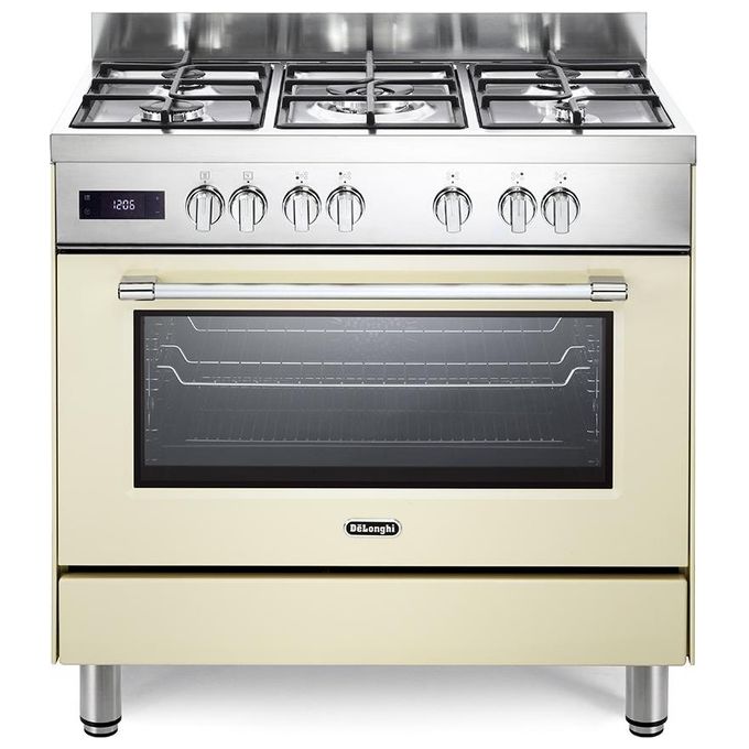 De Longhi PRO 96 MC ED Linea Professional Cucina a Gas Libera Installazione Forno Elettrico 5 Fuochi Griglie in Ghisa Classe energetica A Bruciatore Tripla Corona Pizza Stone Vano Scaldavivande 9 Funzioni 90 cm Crema