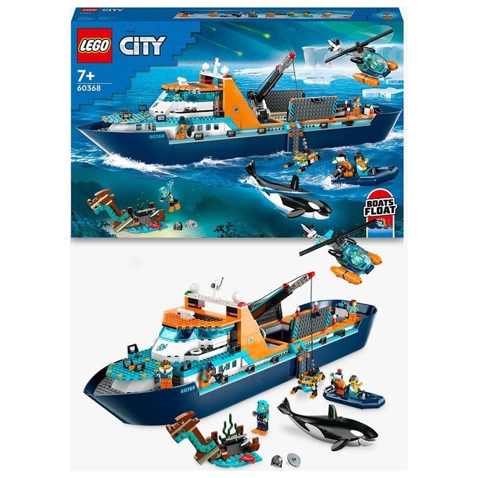 LEGO City 60368 Esploratore Artico, Grande Nave Giocattolo Galleggiante con Elicottero, Gommone, Sottomarino e Relitto Barca